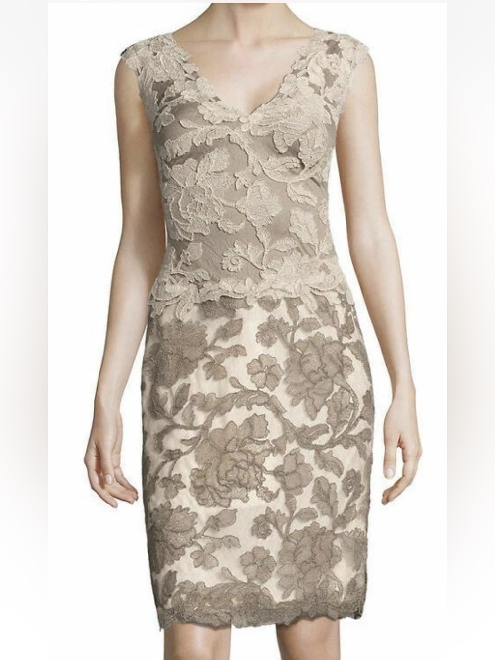 Tadashi Shoji formal Lace sheath Dress embroidered lattice pumice contrast 12